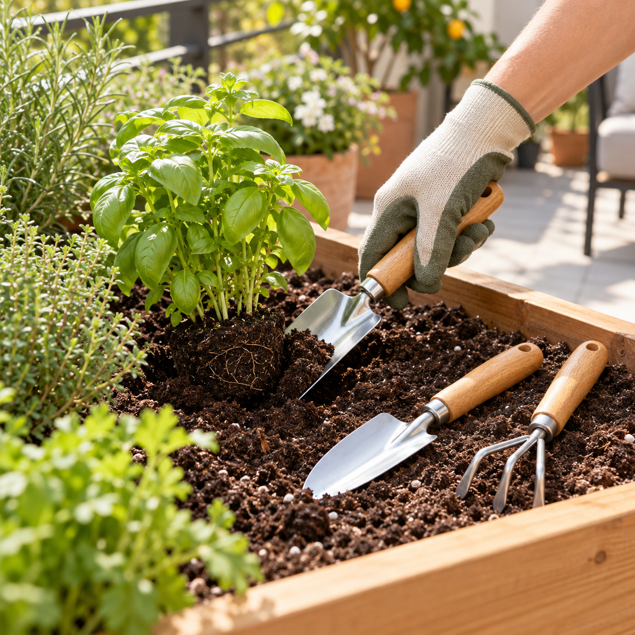 Three small garden hand tools beside a raised bed