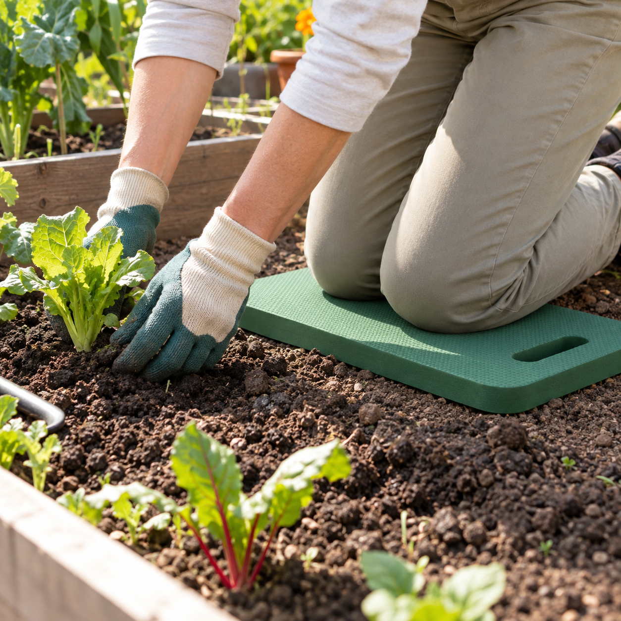 Green kneeling pad being used in a raised garden bed